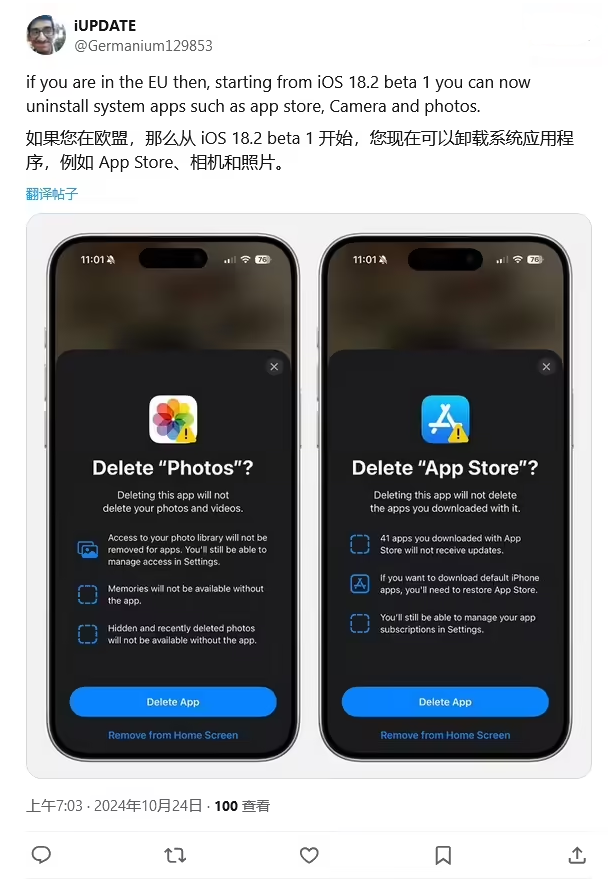 齐齐哈尔苹果手机维修分享iOS 18.2 支持删除 App Store 应用商店 