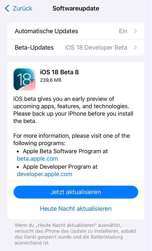 齐齐哈尔苹果手机维修分享苹果 iOS / iPadOS 18 开发者预览版 Beta 8 发布 